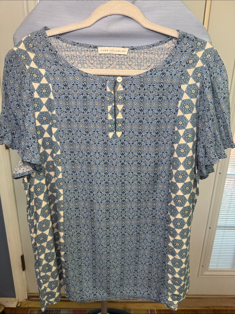 Blue Patterned Short-Sleeve Women's Top